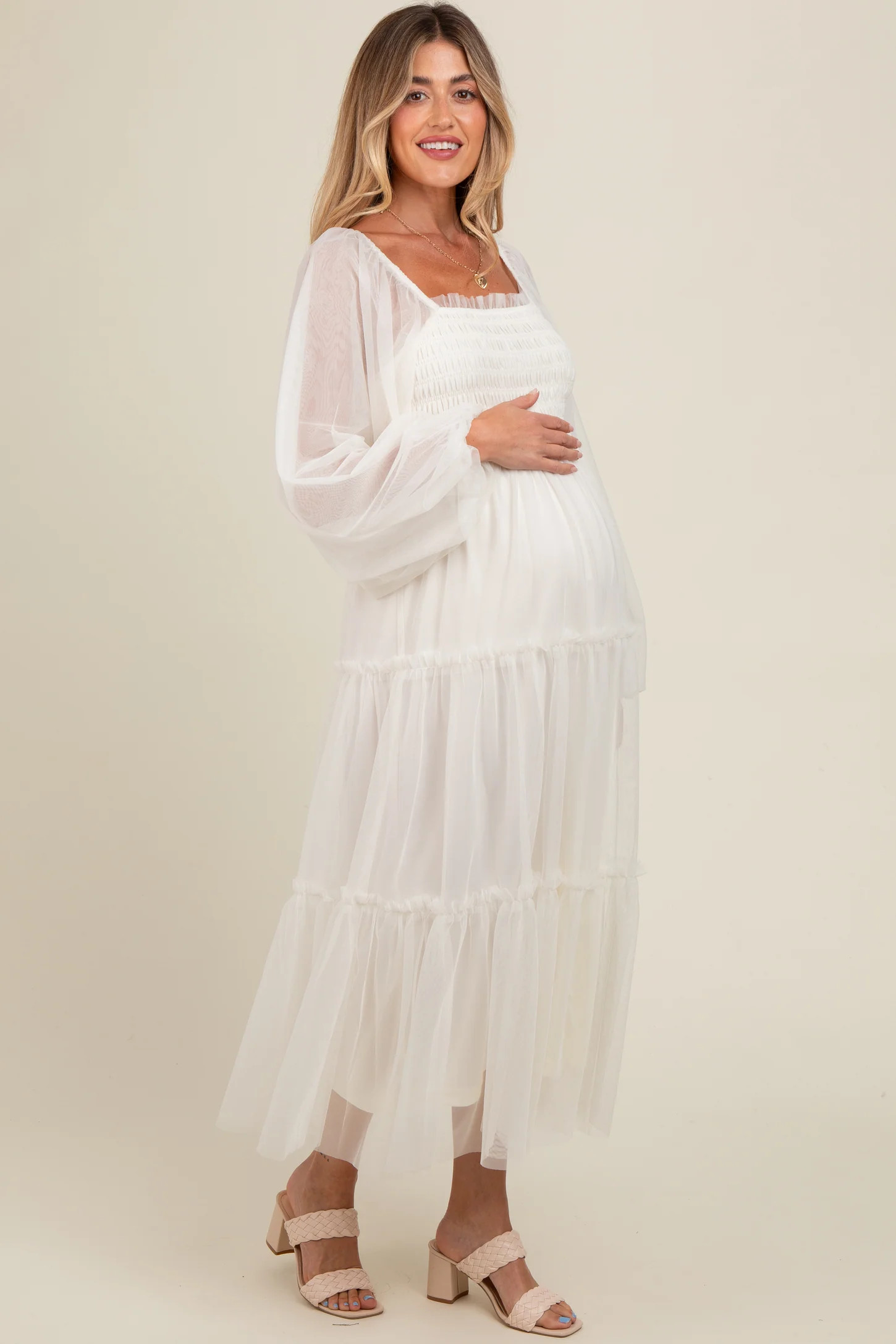Cream Mesh Tiered Long Sleeve Maternity Maxi Dress | PinkBlush Maternity