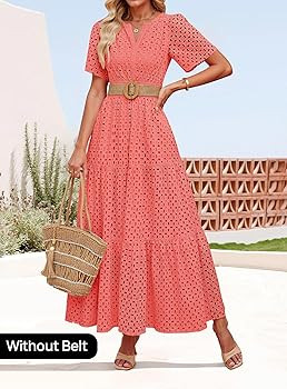 ZESICA Women's 2026 Summer Short Sleeve Maxi Dress Casual V Neck Hollow Out Eyelet Ruffle Swing A... | Amazon (US)