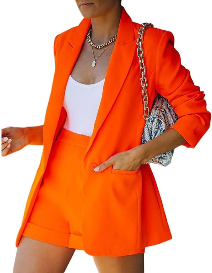 2 Piece Outfits for Women Blazer Set Long Sleeve Open Front Blazers Shorts Casual Business Solid ... | Amazon (US)
