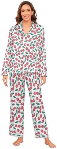 Vintage Cherry Pattern Summer Fruit Women Pajama Set Long Sleeve Sleepwear Lounge Sets S-XXL | Amazon (US)