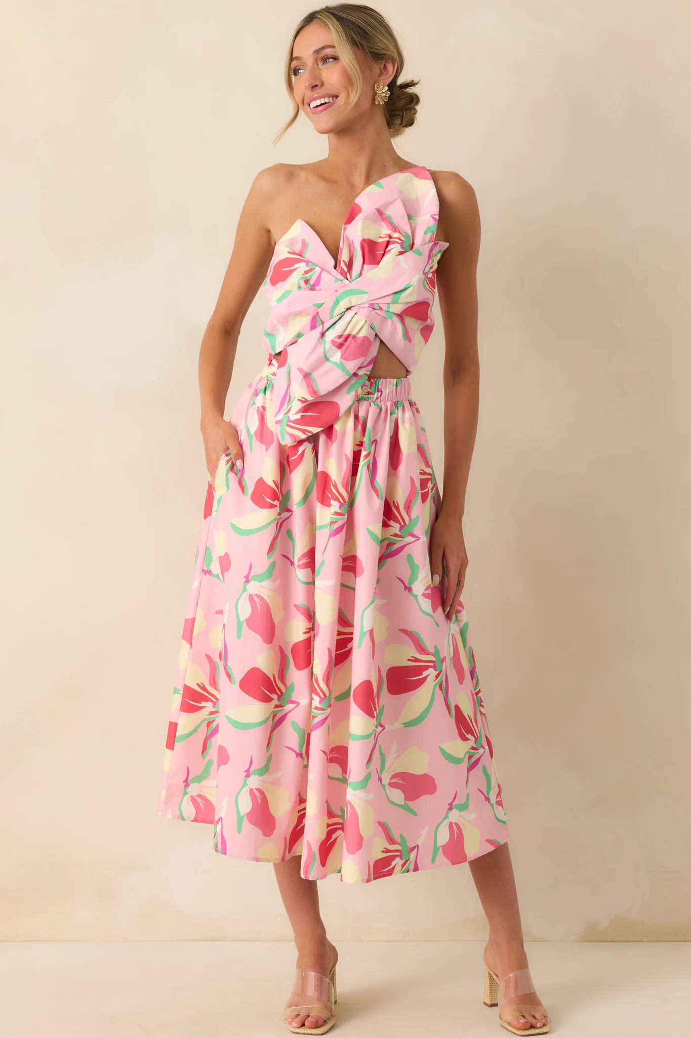 Caught In Time Pink Floral Print Cotton One Shoulder Maxi Dress | Red Dress