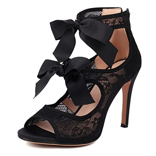 Latasa Women's Heels with Bow Stiletto Strappy Heels Lace High Heels Sandals (9, Black) | Amazon (US)