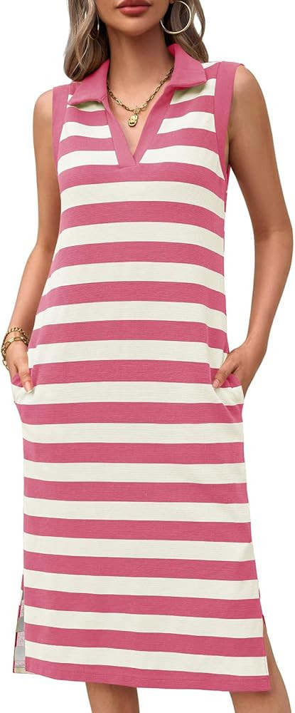 Wenrine Women's Striped Summer Dress Casual Polo V Neck Sleeveless Slit Loose Fit T Shirt Midi Dr... | Amazon (US)