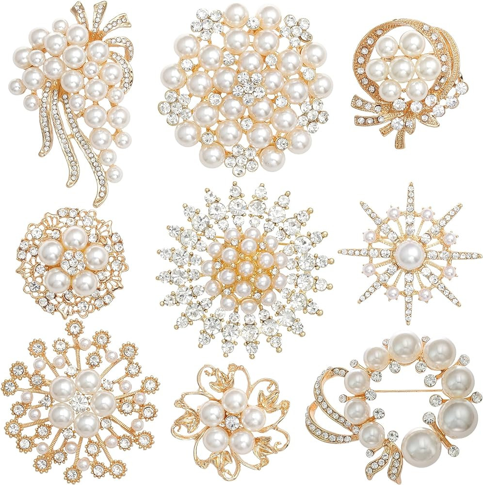 9 Pack Gold Crystal Rhinestone Flower Brooch Pin Set for DIY Wedding Party Bouquets Embellishment... | Amazon (US)