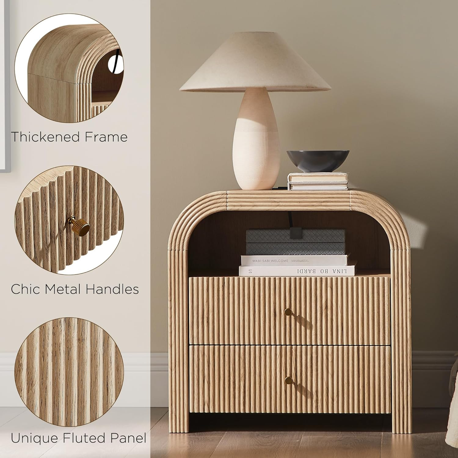 T4TREAM 24" Fluted Nightstand Set of 2, Large 2 Drawers Bedside Table with Charging Station, Mode... | Amazon (US)