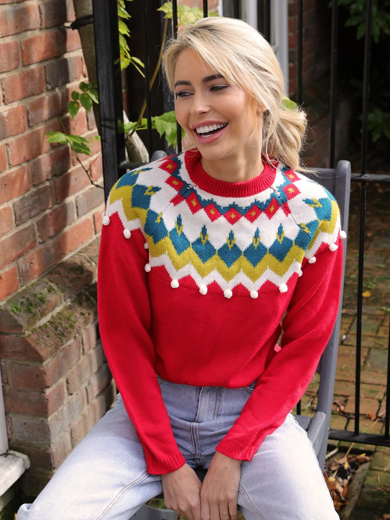 SHEIN Raglan Sleeve Pompom Detail Geo Pattern Sweater | SHEIN