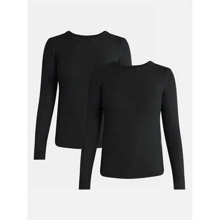 No Boundaries Ribbed Crewneck Tee with Long Sleeves, 1 or 2-Pack, Women's & Women's Plus XXS-XXL | Walmart (US)