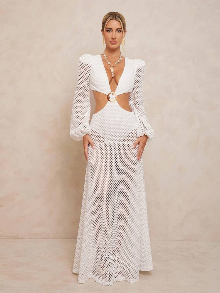 Lumalex All White Party Outfit Women Fall Modest Old Money Coquette Glitter Holiday Party Outfit Rave Festival Outing Swim Vacation Bohemian BOHO Sea Beach Hot Outdoor Richly Layered Wedding Season Banquet Coming Of Age Ceremony Beach Seaside Cross-Back Cinched Waist Dress With Full Flowy Skirt For Women White Mesh Dress Cut Out Maxi Dress White Cover Up Swimsuit Hollow Out Dress Resort Wear | SHEIN