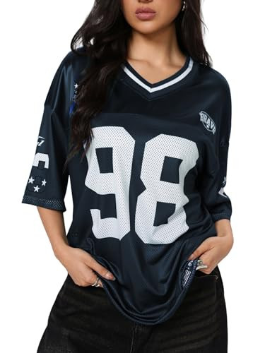 SOLY HUX Jersey Shirts for Women Y2k Graphic Number Oversized Tees V Neck Half Sleeve Cute Soccer Streetwear T Shirt Tops Dark Blue Letter Print Large | Amazon (US)