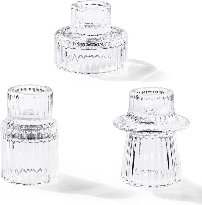 Candlestick Holders Set of 3, Ribbed Glass Taper Candle Holders, Reversible Clear Tealight & Cand... | Amazon (US)