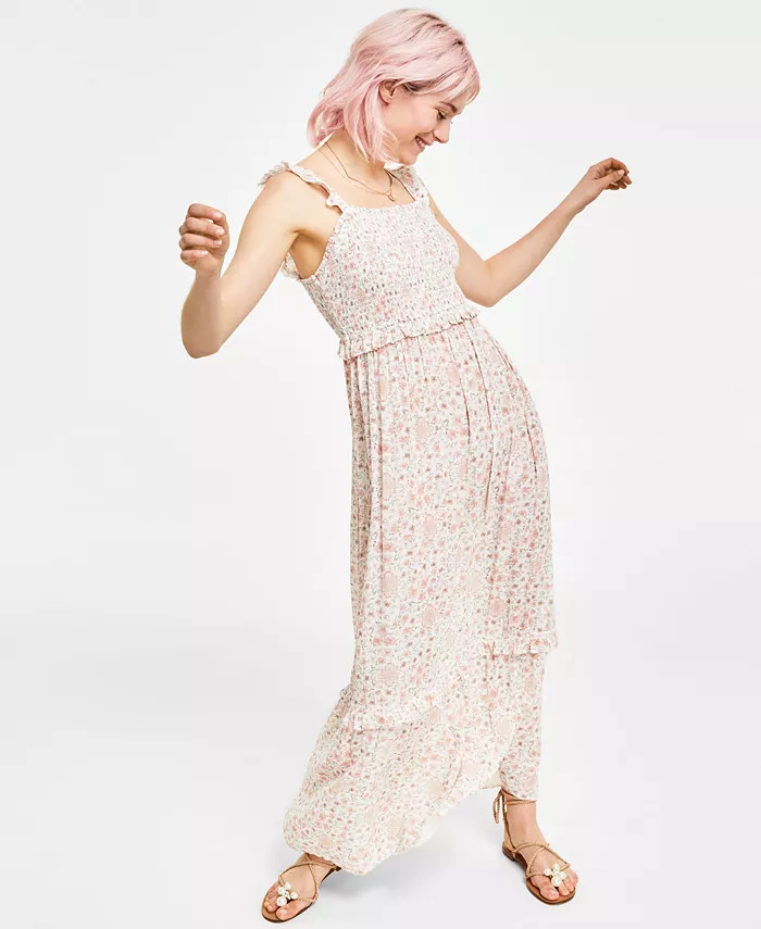 Juniors' Smocked Ruffle-Trim Sleeveless Maxi Dress | Macys (US)