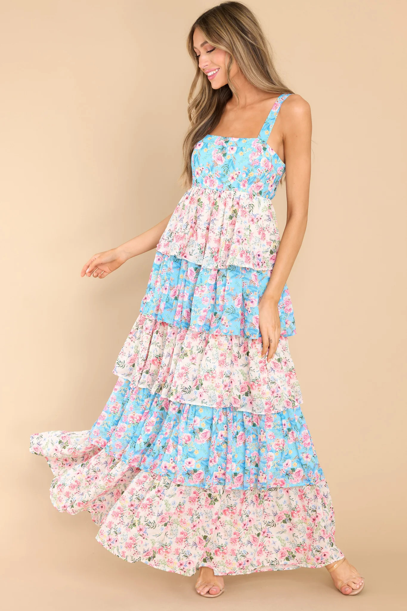 On the Edge of Spring Blue Floral Print Maxi Dress | Red Dress 