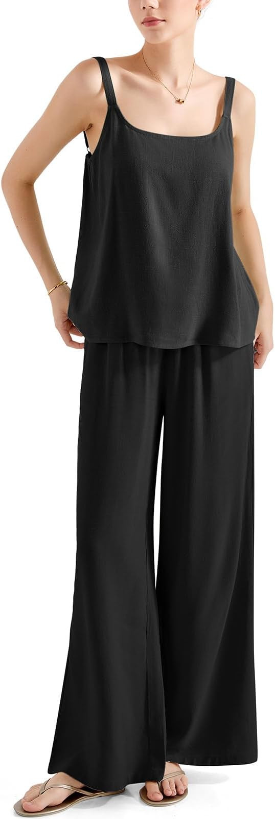 SUUKSESS Women 2 Piece Outfits Linen Lounge Set Wide Leg Pants Matching Sets | Amazon (US)