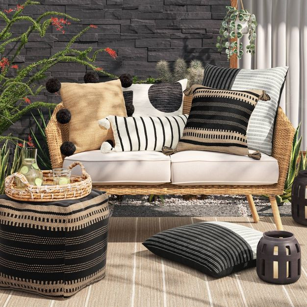 Woven Stripes Lumbar Outdoor Throw Pillow Black/Cream - Threshold™ | Target