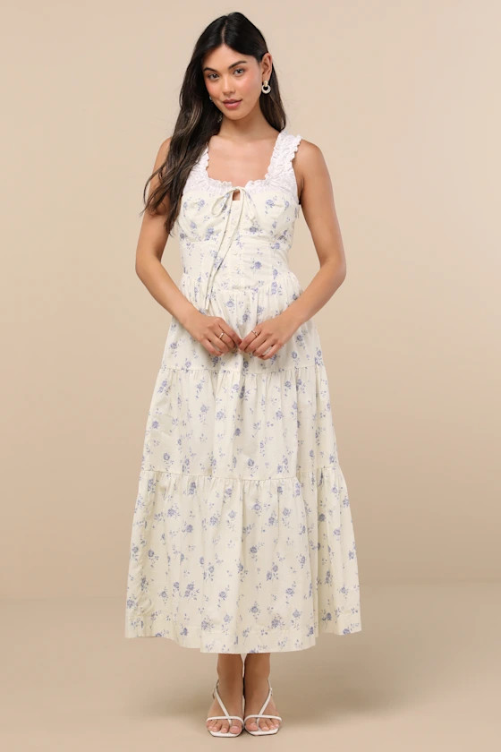 Bianka Ivory Floral Ruffled Tiered Midi Dress | Lulus