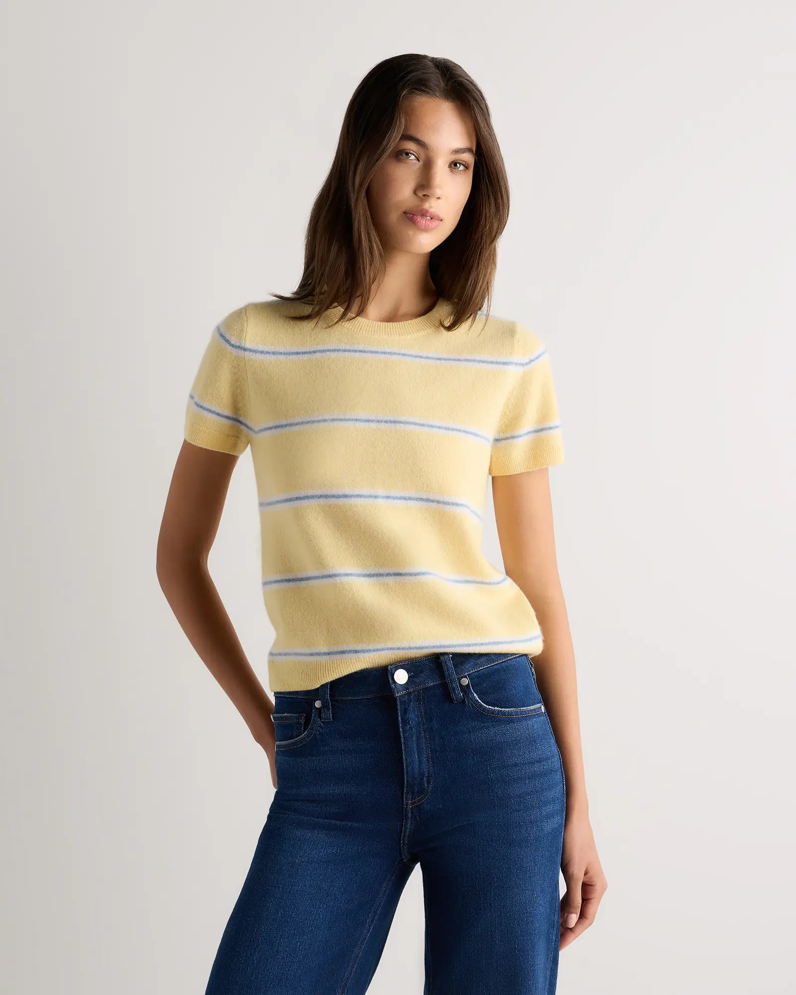 Cashmere Tee in Butter Yellow / Faded Denim Variegated Stripe | Quince