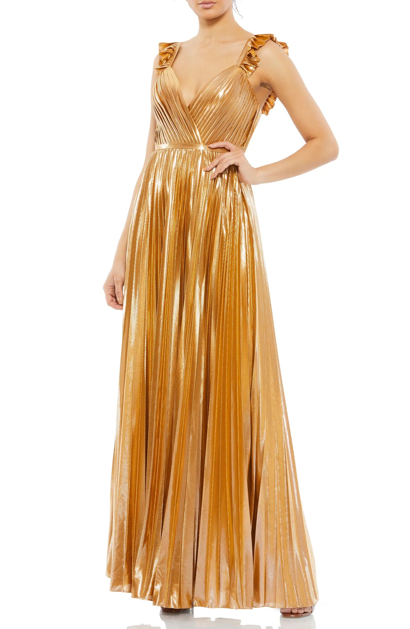 Ieena for Mac Duggal Pleated Metallic Sleeveless Gown | Nordstrom | Nordstrom