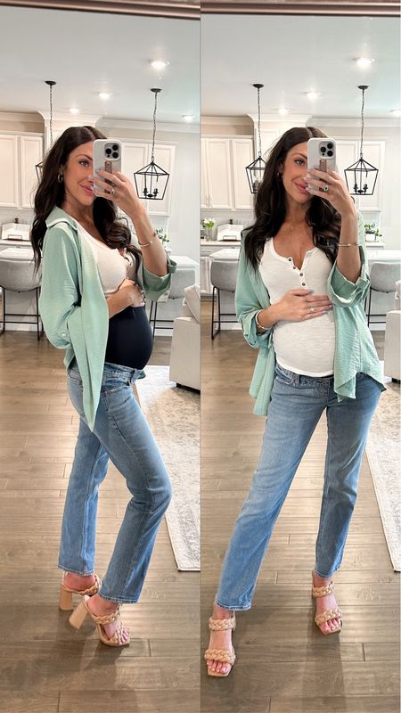 Abercrombie maternity jeans! SO comfortable - i love!! Wearing my normal jean size 25 long 
Wearing size small in the tank and medium in the button down 
Braided sandals fit true to size 

#LTKbump #LTKstyletip