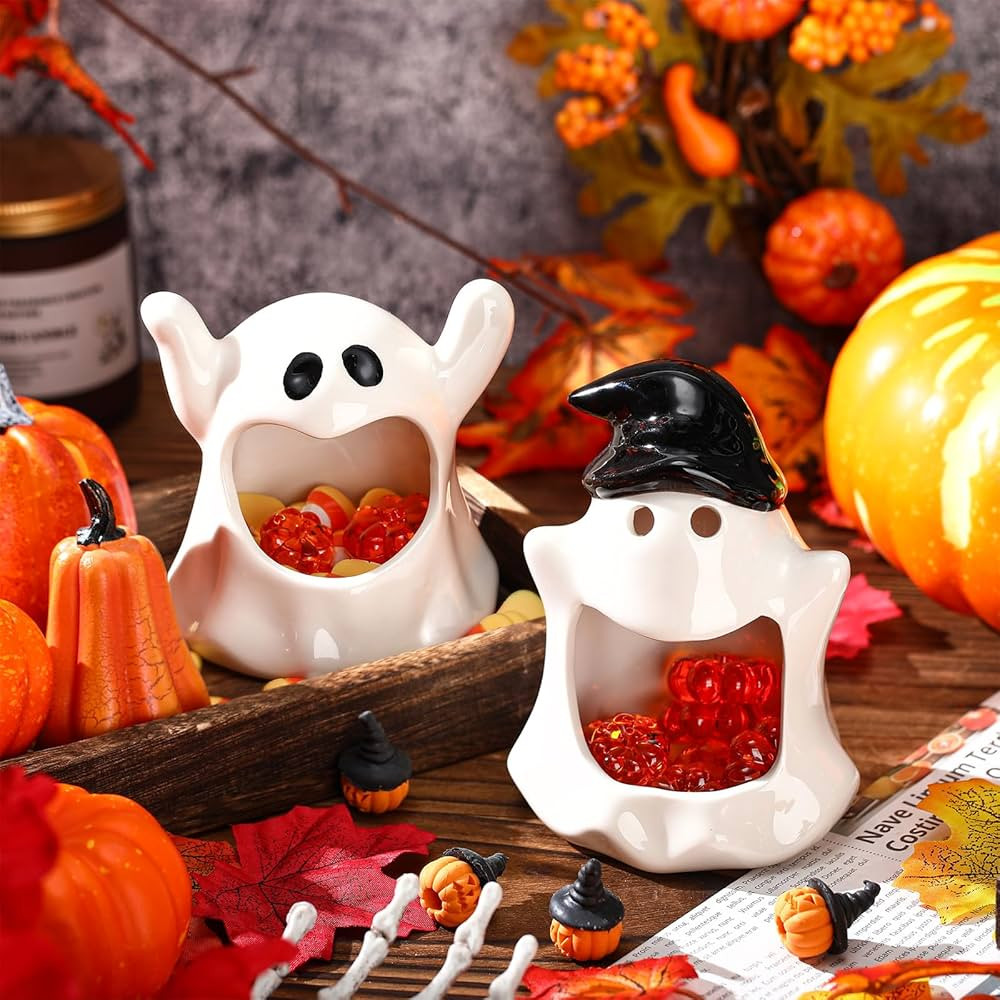 Huwena 2 Pcs Halloween Candy Dish Holder Ghost Ceramic Dish Ghost Cute Candy Dish for Office Desk... | Amazon (US)