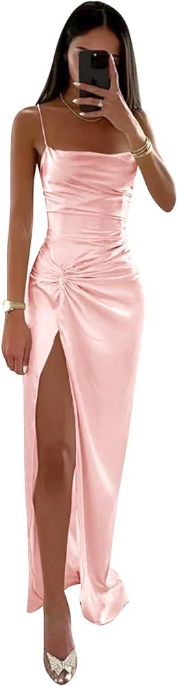 Women's Spaghetti Straps Silk Satin Prom Dress with Slit Ruched Mermaid Long Ball Gown Formal Eve... | Amazon (US)