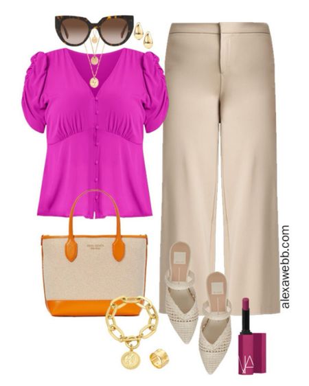 Plus Size Summer Work Wide Leg Pants Outfit - A plus size business casual outfit idea for summer. A plus size hot pink magenta short sleeve blouse with wide leg pants and mules. Alexa Webb #plussize

#LTKStyleTip #LTKWorkwear #LTKPlusSize