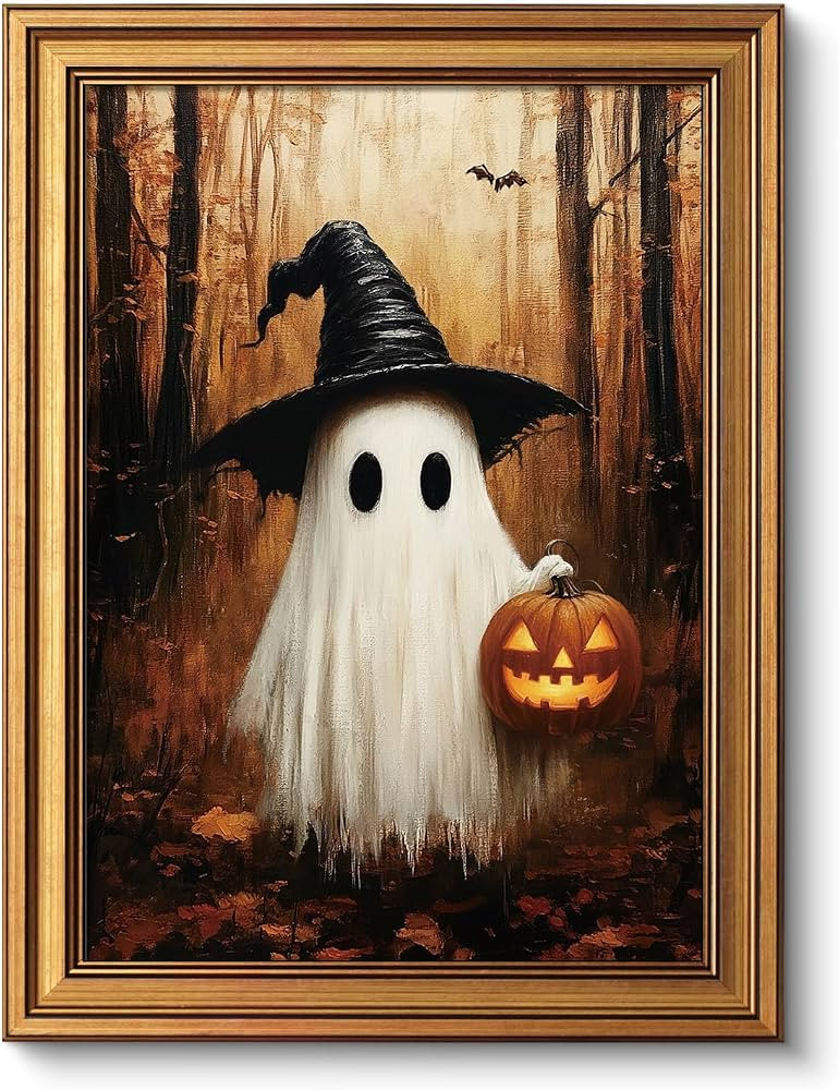 VIYYIEA Gold Framed Pumpkin Ghost Canvas Art, Halloween Decor, 12x16in     Halloween Framed canva... | Amazon (US)
