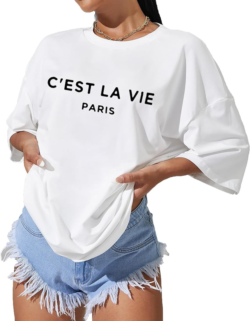 vblane Oversized T Shirts for Women Short Sleeve Summer Loose Vintage Graphic Tees | Amazon (US)