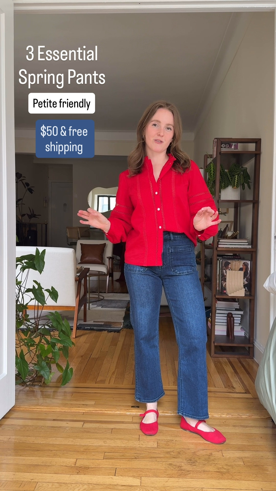 Essential spring pants. Petite friendly. Patch pocket jeans. 26 inseam size 25. True to size. I’m 5ft 2. Free shipping @Quince 