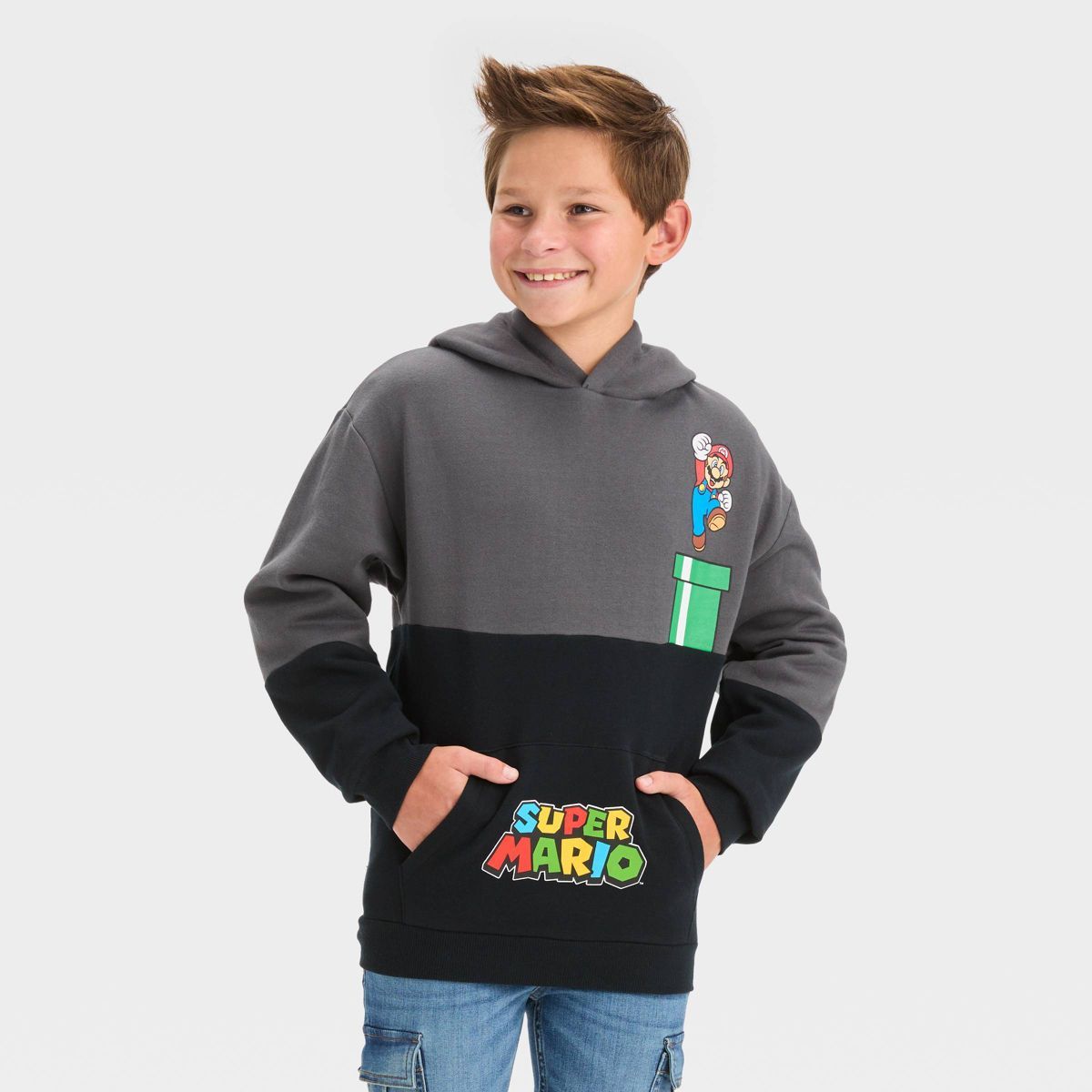 Boys' Super Mario Color Blocked Hooded Sweatshirt - Black | Target