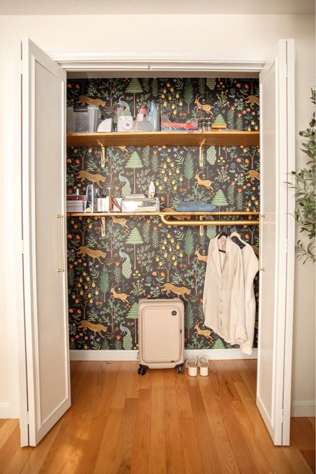 Dark and colorful peel and stick wallpaper inside a closet. Office storage. Home office and guest room closet with peel and stick wallpaper. Storage ideas.

#LTKstyletip #LTKhome #LTKfamily
