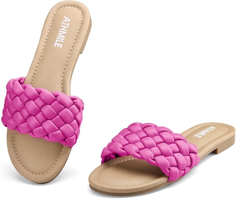 ATHMILE Braided Womens Sandals Round Open Toe Fashion Slide Sandals Women Dressy Summer Flat Beac... | Amazon (US)