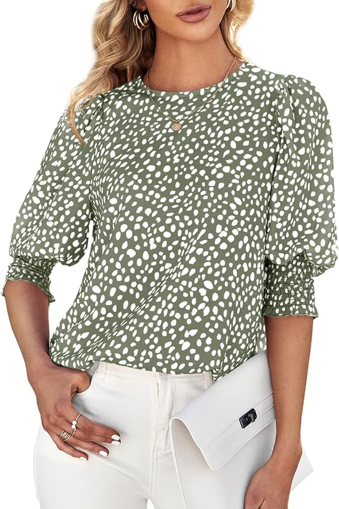 Teurkia Women's Casual Crewneck Tops 3/4 Sleeve Blouses Loose T Shirts Army Green at Amazon Women... | Amazon (US)