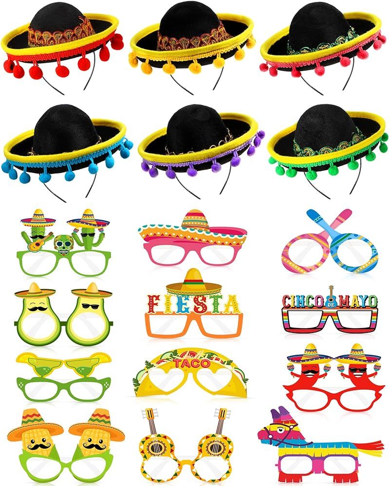 18 Pcs Cinco De Mayo Fiesta Party Supplies Fabric Straw Sombrero Headbands Paper Eyeglasses, Mexican | Amazon (US)