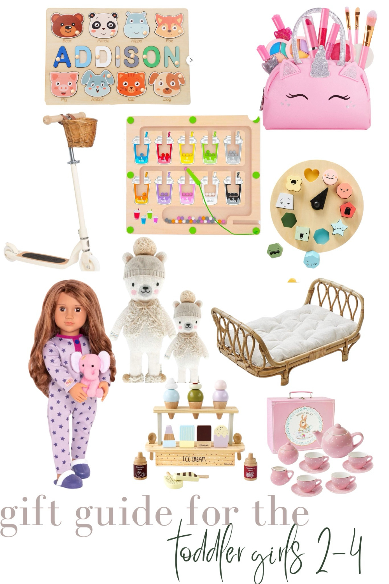 Gift guide; toddler girls, scooter, color sorting, wooden puzzle, doll, tea set, ice cream

#LTKGiftGuide #LTKSeasonal #LTKHoliday