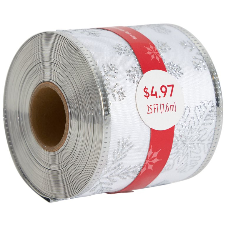 White Satin with Silver Glitter Snowflakes Christmas Ribbon, 25', by Holiday Time | Walmart (US)