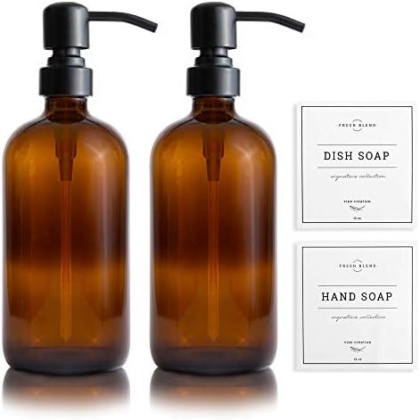 Vine Creations Amber Glass Soap Dispenser 2 Pack, Thick 16oz Bottles Rustproof Stainless Steel Pu... | Amazon (US)