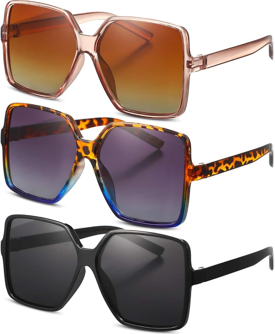 3 Pairs Oversized Square Sunglasses for Women Big Large Wide Vintage Shades | Amazon (US)