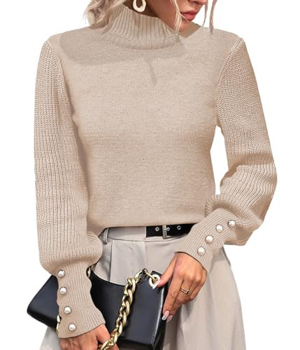 Upopby Women's Fall Winter Turtleneck Sweaters for Women 2024 2025 Trendy Lantern Sleeve Knitted Pullover Sweater Jumper Tops Khaki L | Amazon (US)