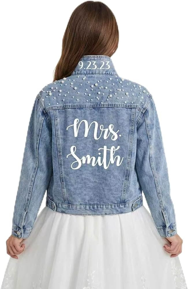 Personalized Bride Pearl Denim Jacket,Custom Mrs Wifey Jean Jacket for Wedding,Bridal Shower,Grad... | Amazon (US)