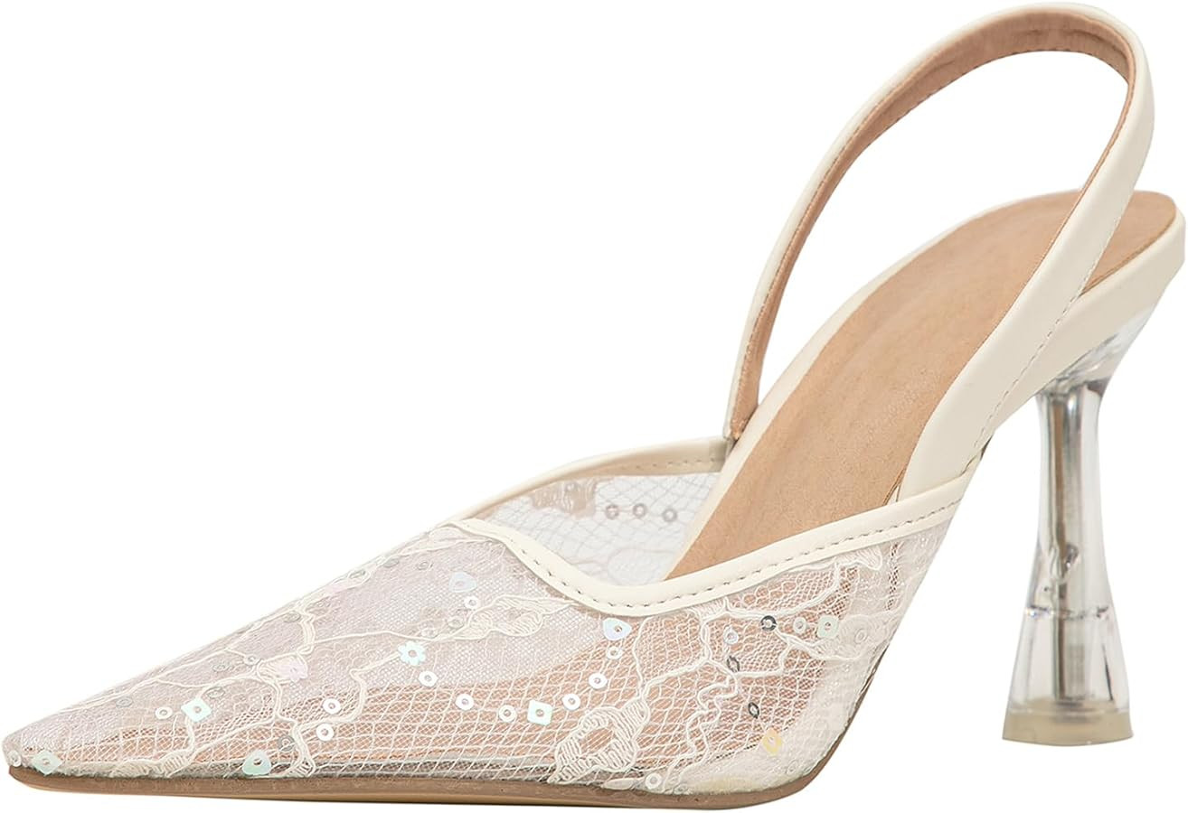 getmorebeauty Women's Kitten Sequin Slingback Heels Pumps Sandals Lace Mesh Pointed Toe Bridal We... | Amazon (US)