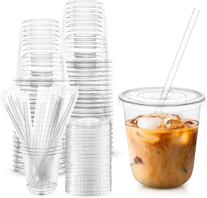 TINSKY 50 Sets Clear Plastic Cups with Lids and Straws, Disposable Iced Coffee Cups Drinking PET ... | Amazon (US)