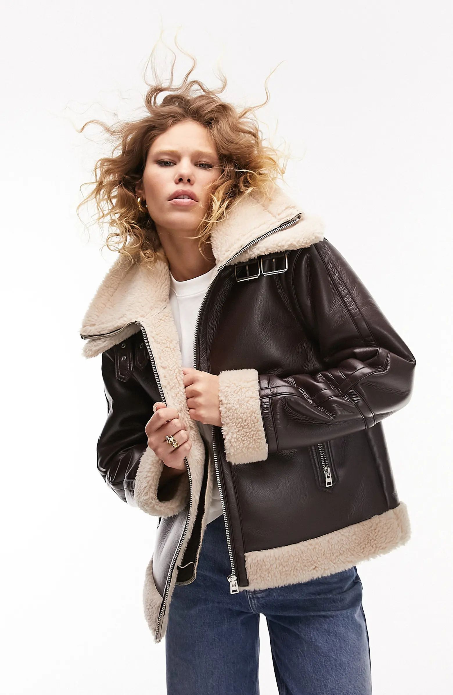 Oversize Faux Leather Aviator Jacket with Faux Shearling Trim | Nordstrom