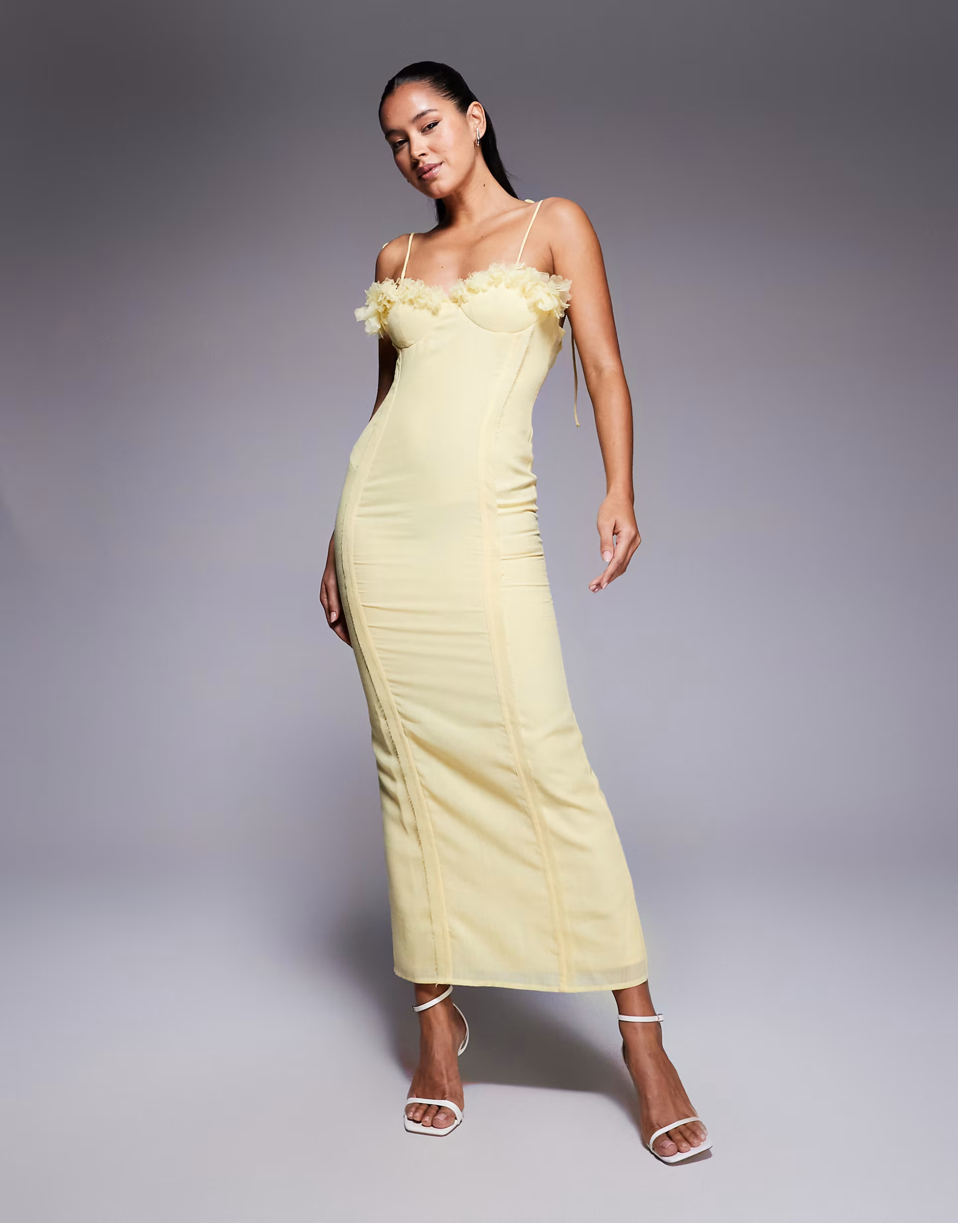 ASOS DESIGN 3D floral bust corset linen look midi dress in yellow | ASOS (Global)