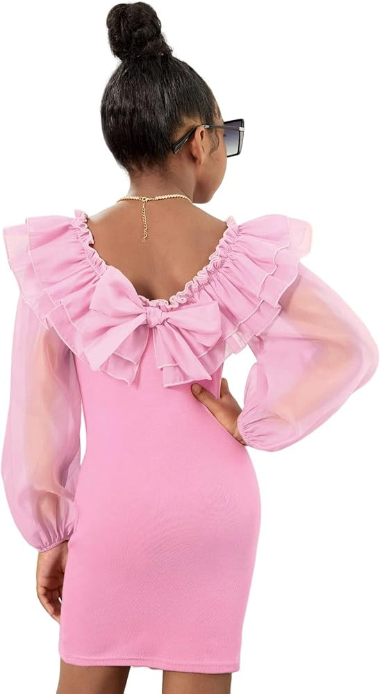 WDIRARA Girl's Mesh Ruffle Trim Layered Tie Back Lantern Sleeve Pencil Mini Dress | Amazon (US)