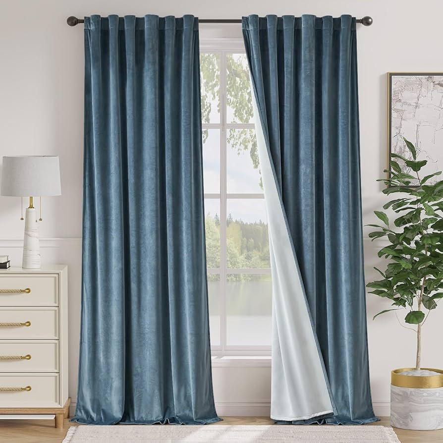 Lazzzy Blackout Velvet Blue Curtains 96 Inches Long Thermal Insulated Room Darkening Lined Curtai... | Amazon (US)