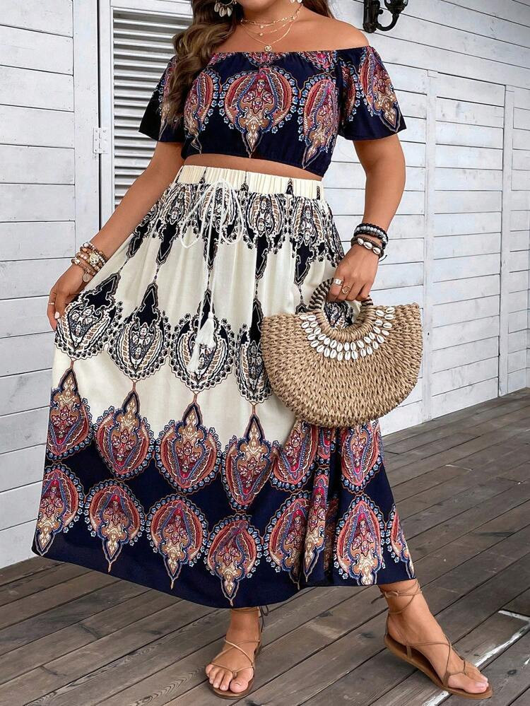 SHEIN VCAY Plus Paisley Print Off Shoulder Blouse & Skirt | SHEIN