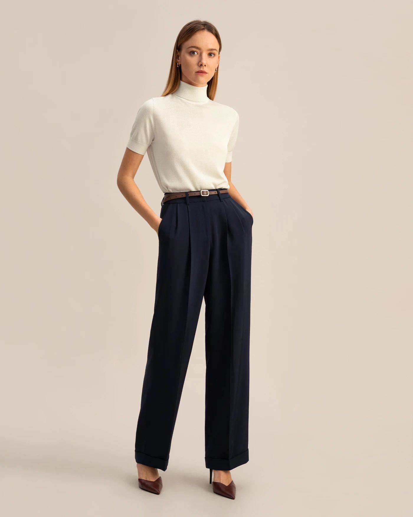 Timeless Pleated Wide-Leg Dense Silk Trousers | LilySilk