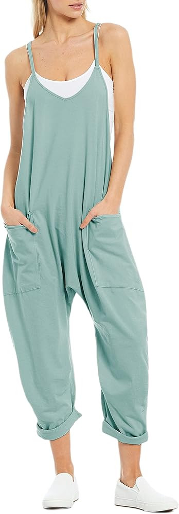Qiaomai Womens Casual Loose V Neck Jumpsuits Spaghetti Strap Harem Long Pants Overalls Romper wit... | Amazon (US)