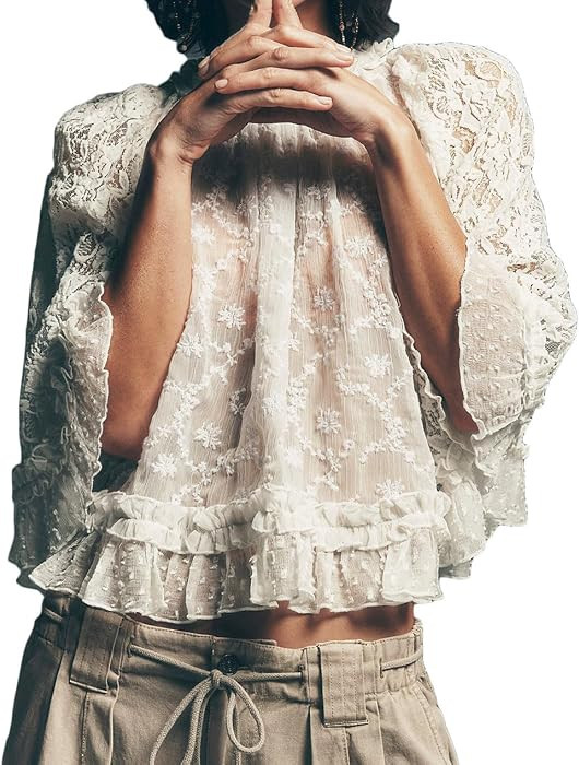 Women Plus Size Bell Sleeve Flowy Sheer Mesh Blouse Tunic Poncho Top Ruffle Y2k Shawl Shirt See T... | Amazon (US)