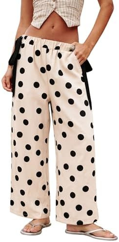 Gozoloma Women's Polka Dot Wide Leg Pants Elastic Waist Side Tie Contrast Detail with Pockets Cas... | Amazon (US)